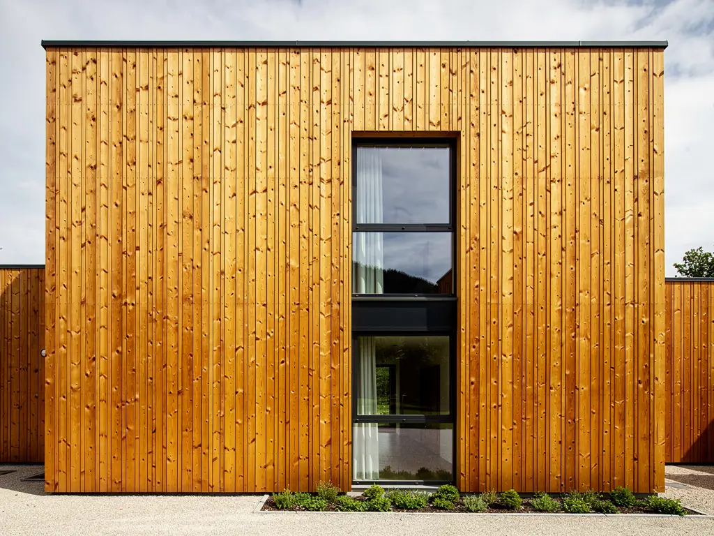 Bardage bois vertical en mélèze ventilé posé sur une façade isolée