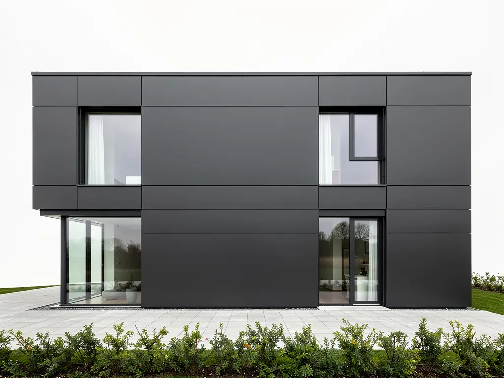 Maison contemporaine habillée de panneaux composite anthracite sur isolation extérieure
