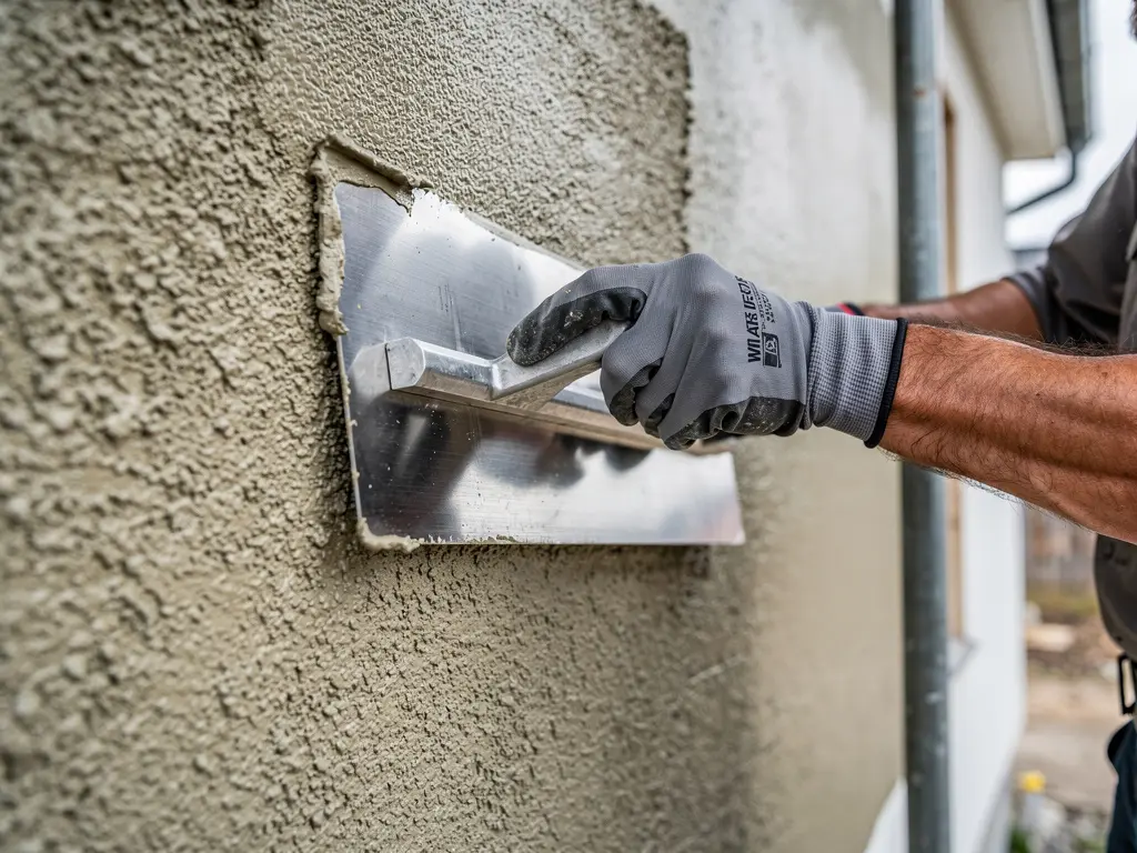 Façadier appliquant l'enduit de finition à la taloche sur les murs isolés
